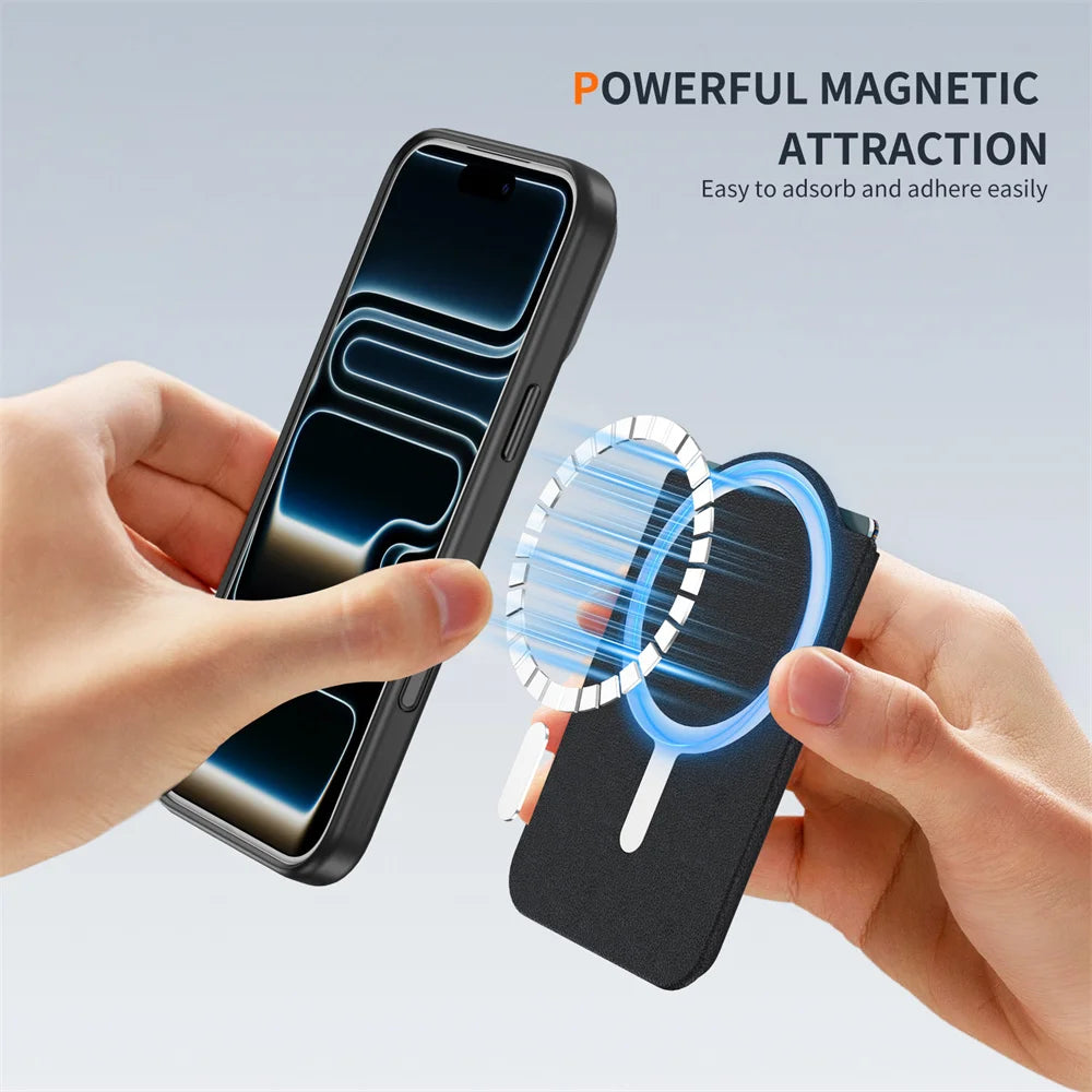 A hand holds a black magnetic phone wallet with a card holder and stand, demonstrating its adhesive properties.