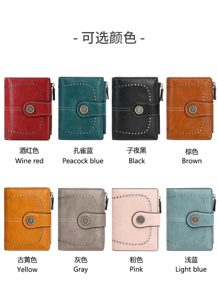 A selection of multi-fold RFID protection wallets in various colors including wine red, peacock blue, black, brown, yellow, g