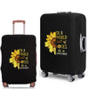 Black rolling suitcase with a sunflower design printed on the side.