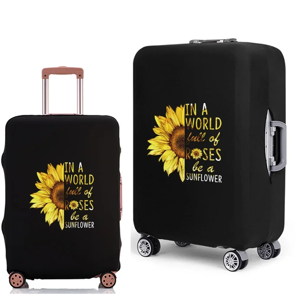 Black rolling suitcase with a sunflower design printed on the side.