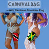A woman wearing a sparkly top and outfit with a Caribbean countries flag accessory for carnival or festival wear