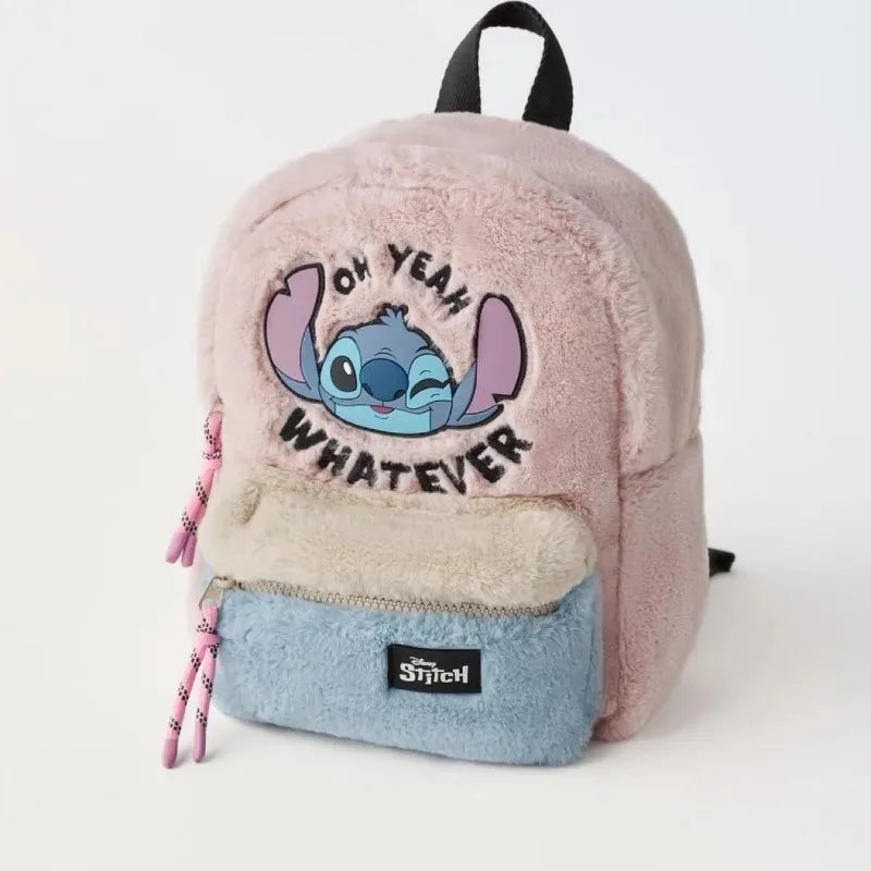 A pink fuzzy backpack featuring a Stitch graphic and a beige pocket.