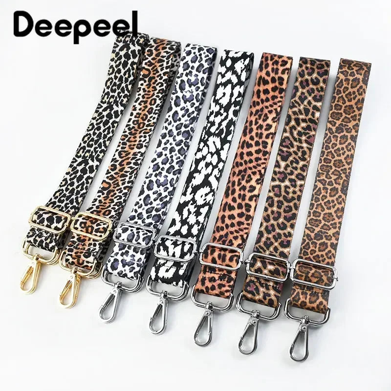 A set of leopard print adjustable crossbody straps for bags shown in various shades of brown and black.