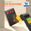 A black slim wallet with an RFID blocking feature is shown next to a smartphone, emphasizing personal data security.
