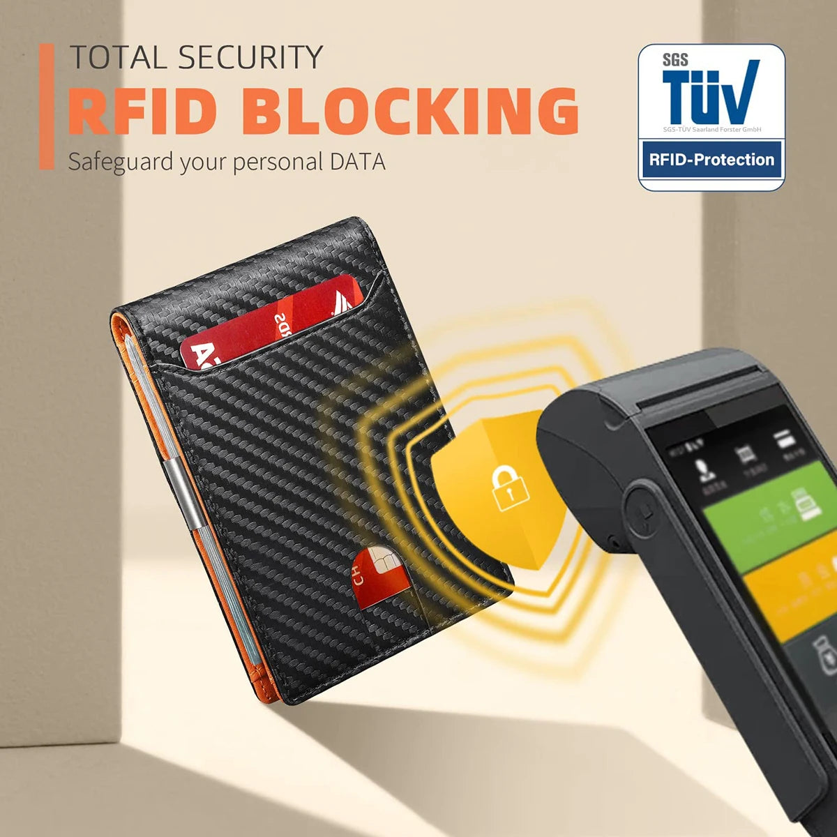 A black slim wallet with an RFID blocking feature is shown next to a smartphone, emphasizing personal data security.