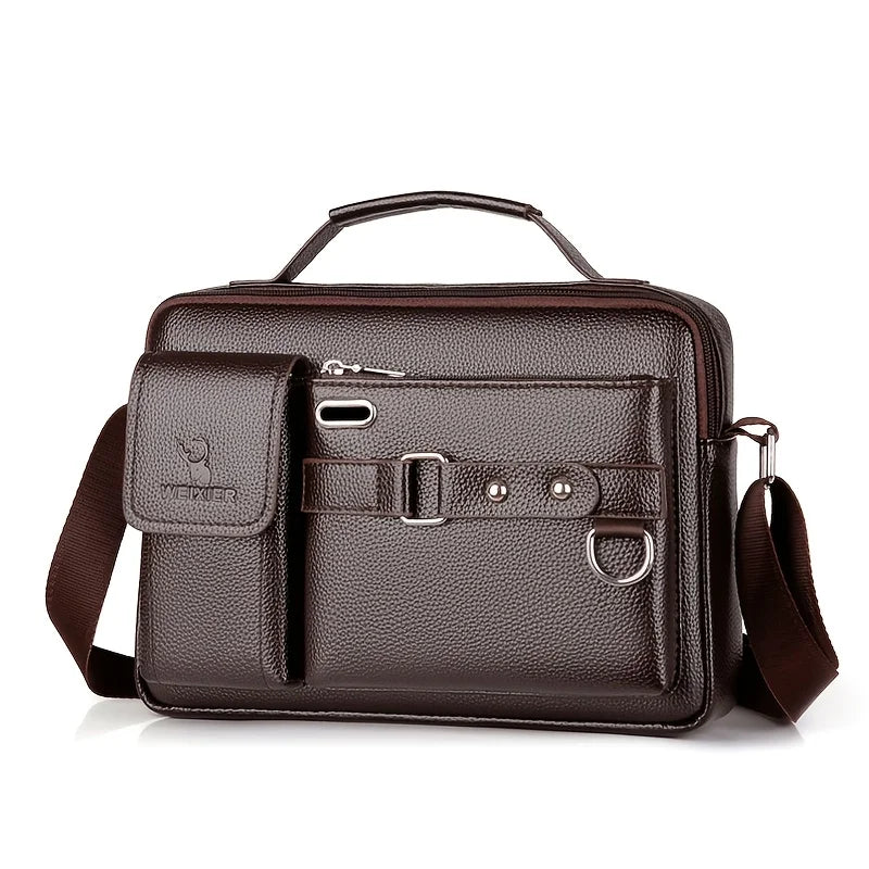 Sac bandoulière imitation cuir marron foncé avec poignée supérieure et sangle, vu de face.