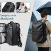 A black vacuum compression anti-theft backpack shown with interior organization and a man carrying it in an airport setting.