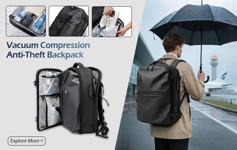 A black vacuum compression anti-theft backpack shown with interior organization and a man carrying it in an airport setting.