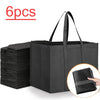 A black reusable foldable grocery tote bag is shown next to a stack of six bags.