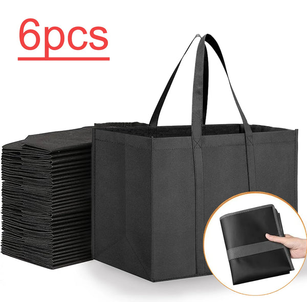A black reusable foldable grocery tote bag is shown next to a stack of six bags.