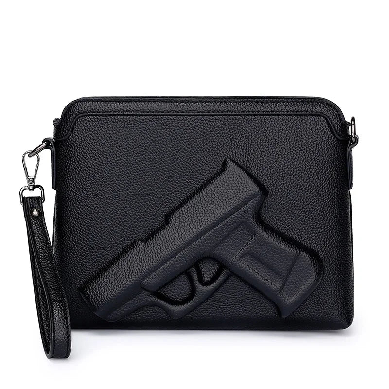 Black men's embossed crossbody clutch bag with a gun silhouette design