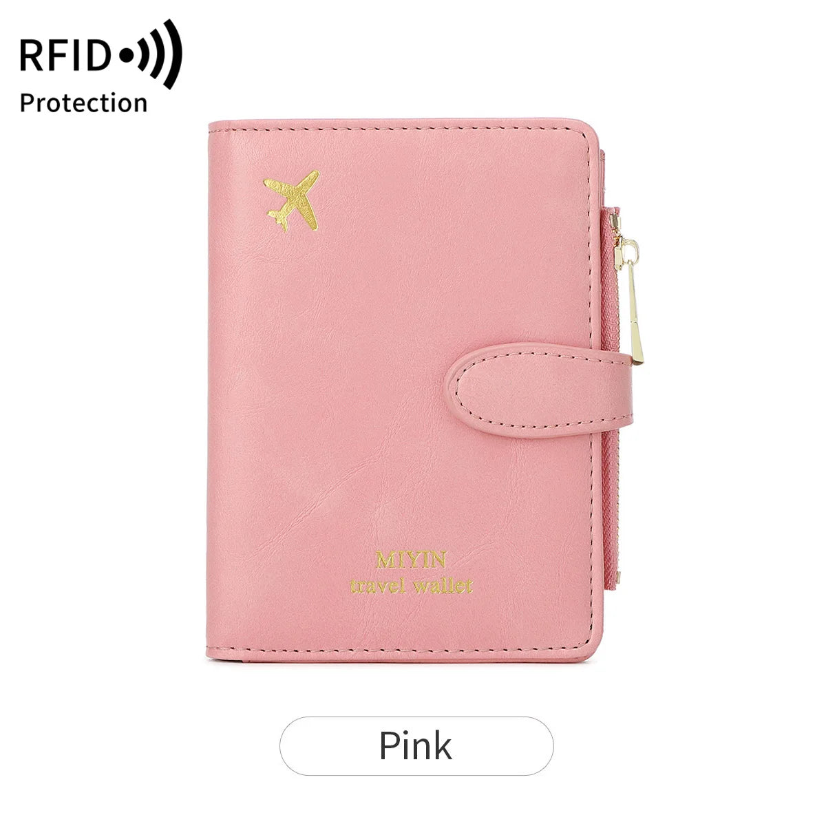 A pink multi-functional PU leather passport wallet with a gold logo and zipper pull.