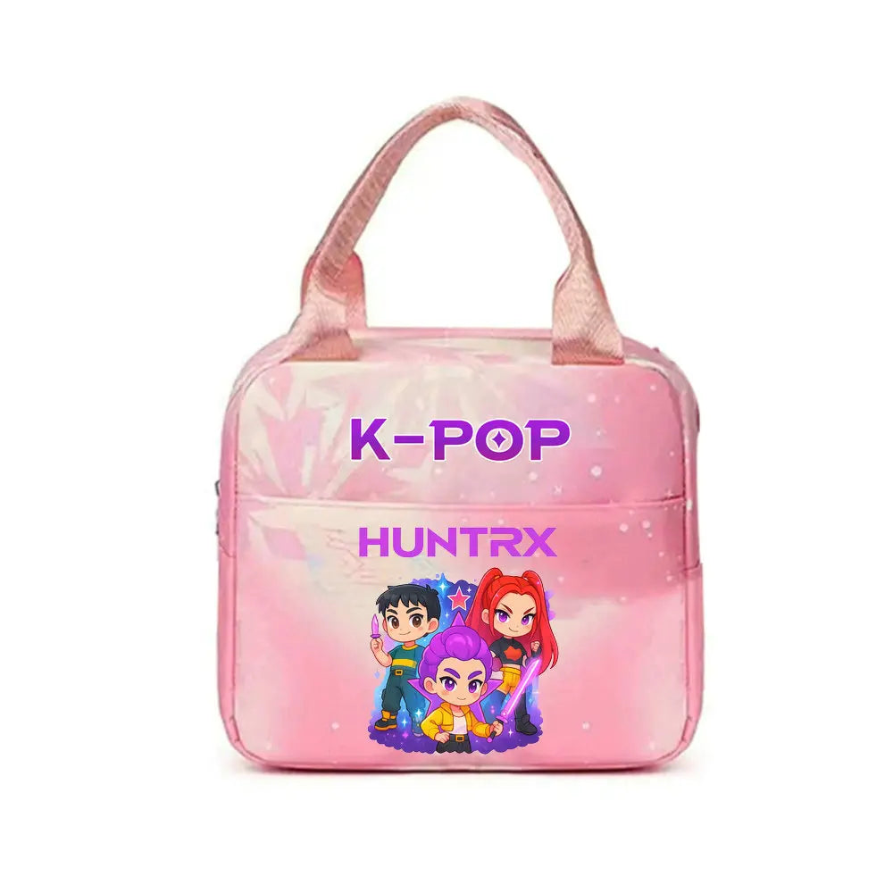 Pink K-Pop themed insulated backpack featuring characters from a K-Pop group
