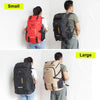 Comparison of small and large capacity travel backpacks, showing a red backpack and a tan backpack.
