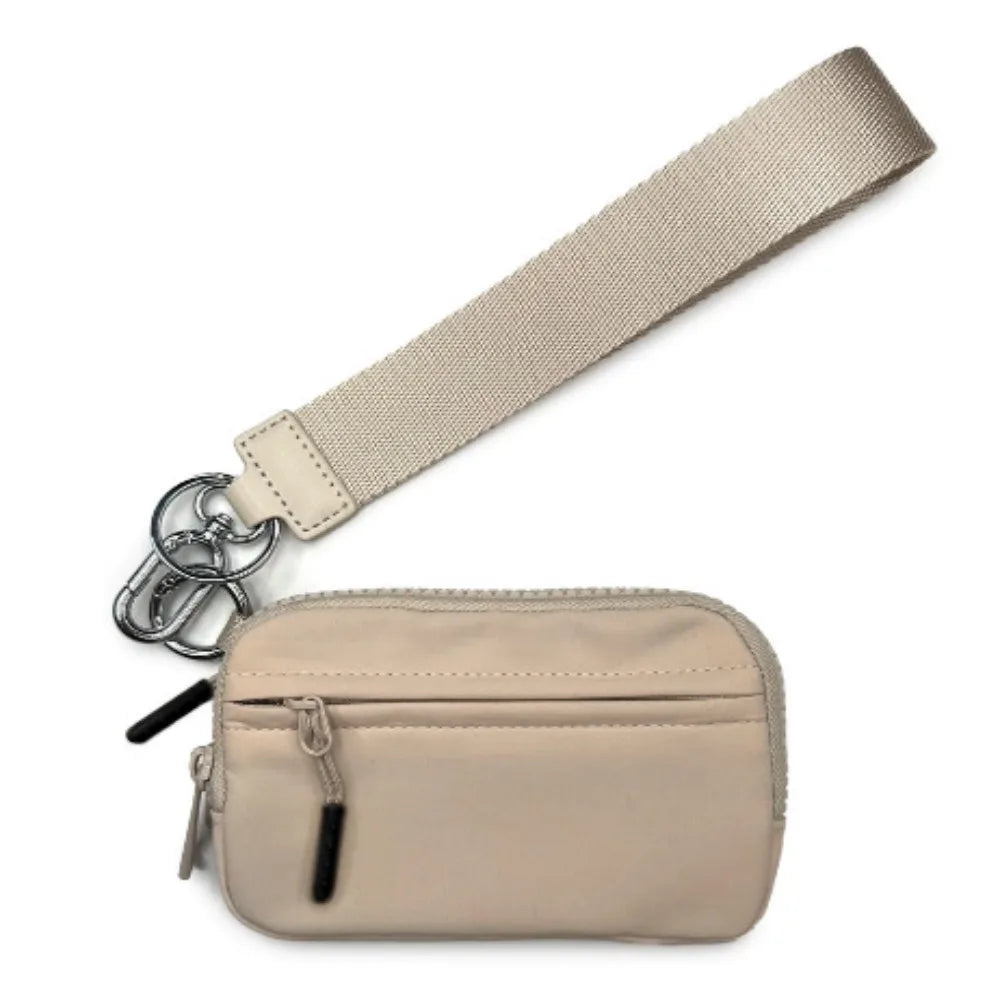 A beige multi-functional zipper coin purse wallet with a tan strap is shown from above.