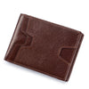 A dark brown leather wallet with stitched edges and a flap closure shown at an angle.