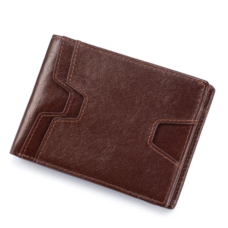 A dark brown leather wallet with stitched edges and a flap closure shown at an angle.