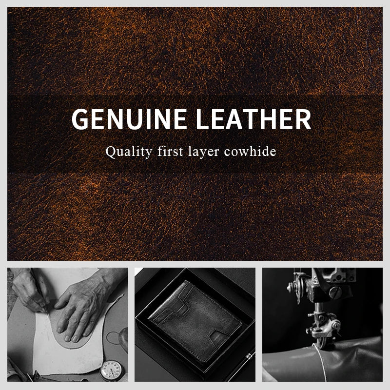 Close-up of a genuine leather wallet and a piece of leather, highlighting quality first layer cowhide.