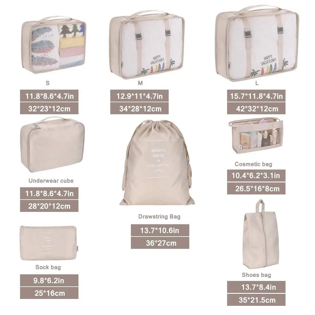 A set of seven folding storage bags in various sizes and colors for travel organization.