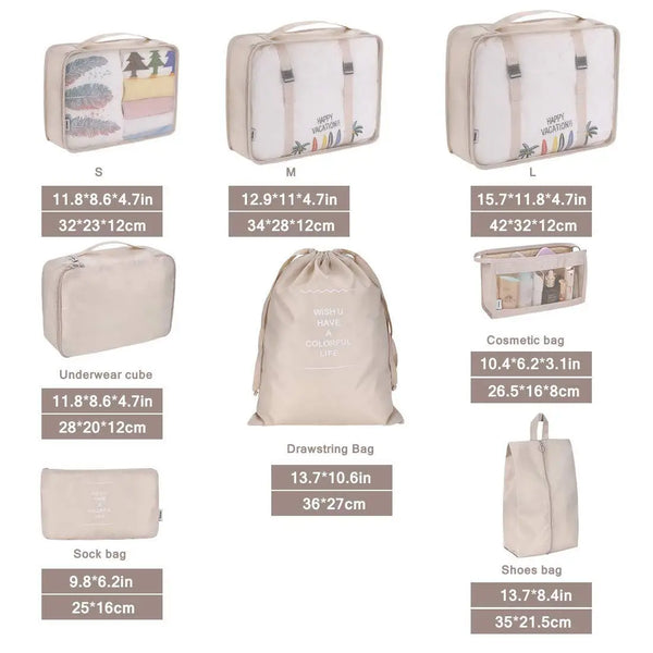 A set of seven folding storage bags in various sizes and colors for travel organization.