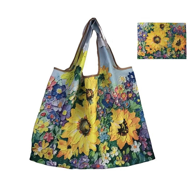 A colorful floral print nylon shopping tote bag with a shoulder strap.