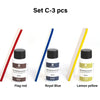 Ensemble de trois flacons d'huile de peinture WUTA avec bords en cuir, rouge, bleu royal et jaune citron.