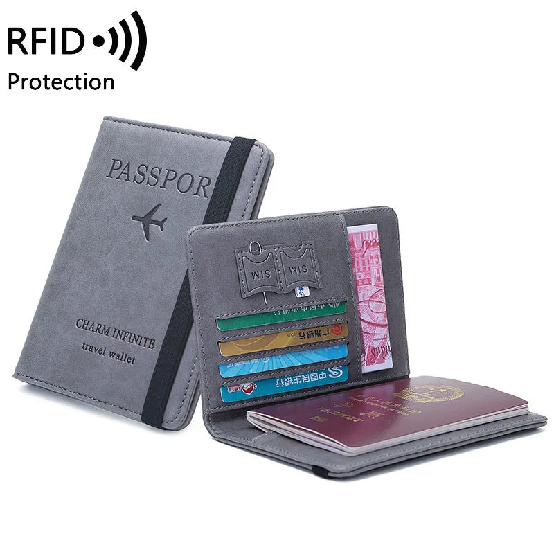 A gray PU leather passport holder with an RFID blocking feature and a slim wallet inside.