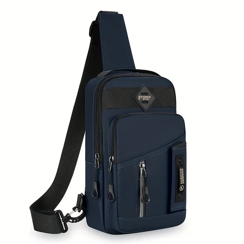 Navy adjustable crossbody sling bag with black strap and zippered compartments