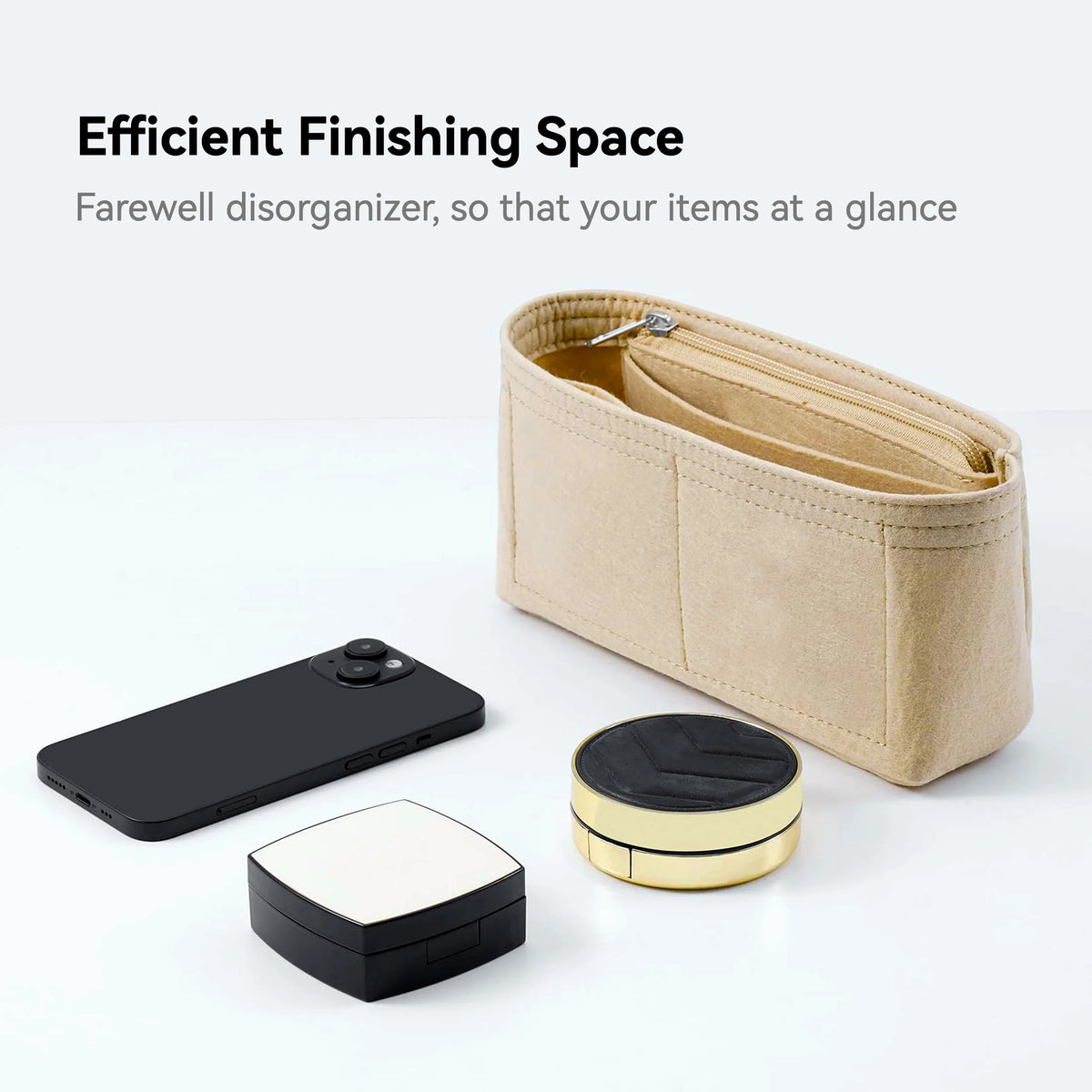 A beige felt purse organizer insert is shown next to a black electronic device and a gold-rimmed circular item.