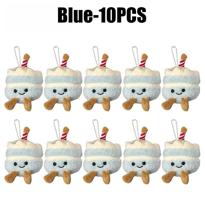 A set of ten blue realistic bread plush keychains with white icing and strings.