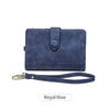 A royal blue women's multi-slot frosted card wallet with a leather strap.