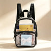 A black clear PVC backpack storage pouch with black straps, holding various small items.