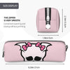 Pink elegant leather pencil case featuring a black skull design and a zipper detail.