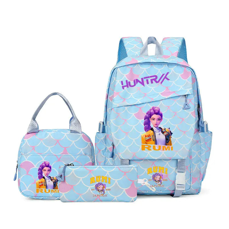 A light blue backpack with pink and purple accents featuring a stylized hunting theme and a purple-haired figure.