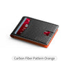 A black carbon fiber patterned trifold wallet in orange leather.