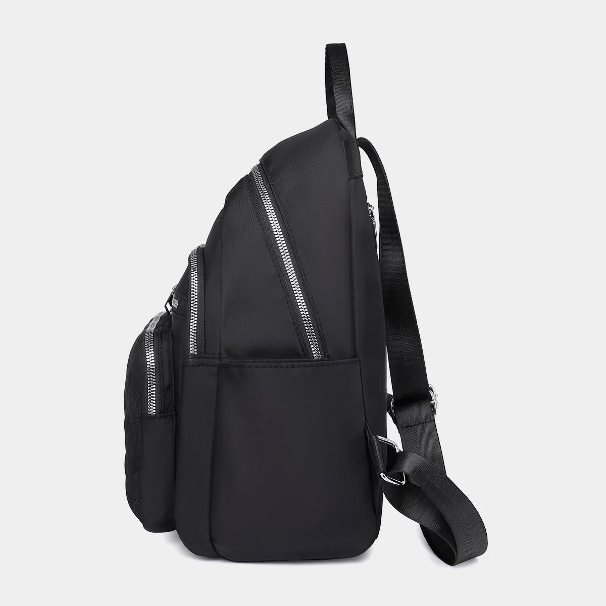 Black waterproof women's travel backpack shown from the side.