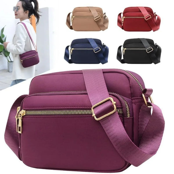 A collection of various colored and style compact oxford fabric crossbody bags for women.