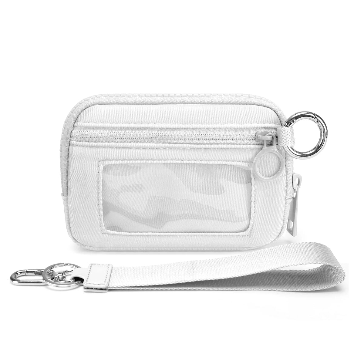 A white multi-functional zipper wallet with a clear plastic window and a matching leather keychain strap.