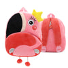 A pink cartoon animal plush backpack with black ears and a yellow accent, shown from the back.