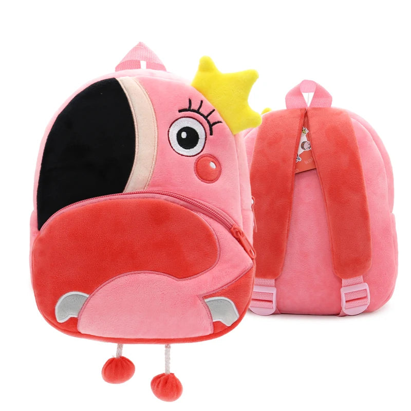 A pink cartoon animal plush backpack with black ears and a yellow accent, shown from the back.