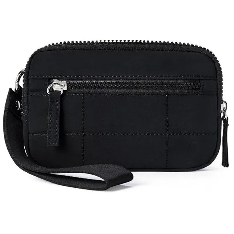 Portefeuille à bracelet en nylon matelassé noir avec fermeture éclair et sangle attachée.
