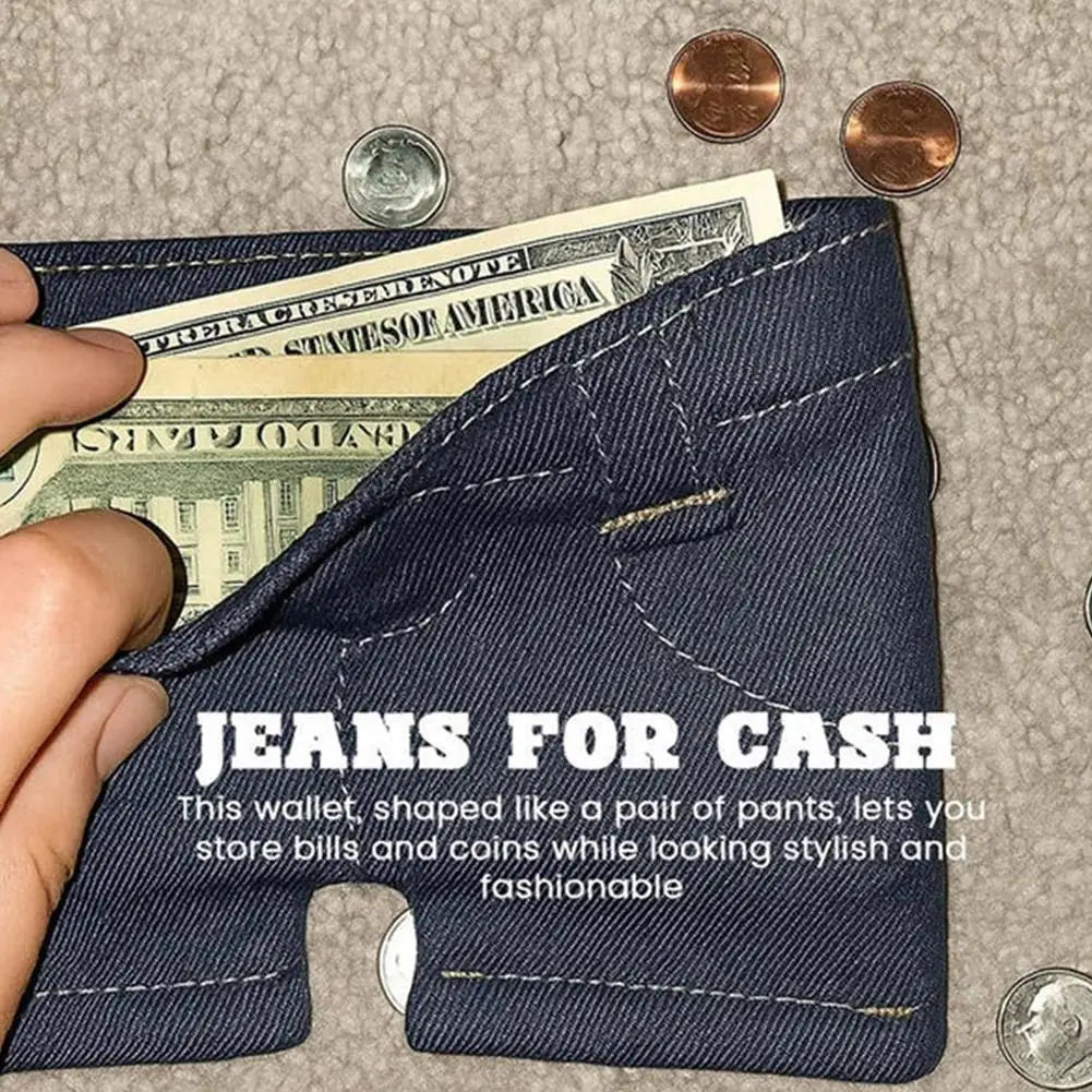 A dark blue denim wallet shaped like pants is shown next to US currency and coins.