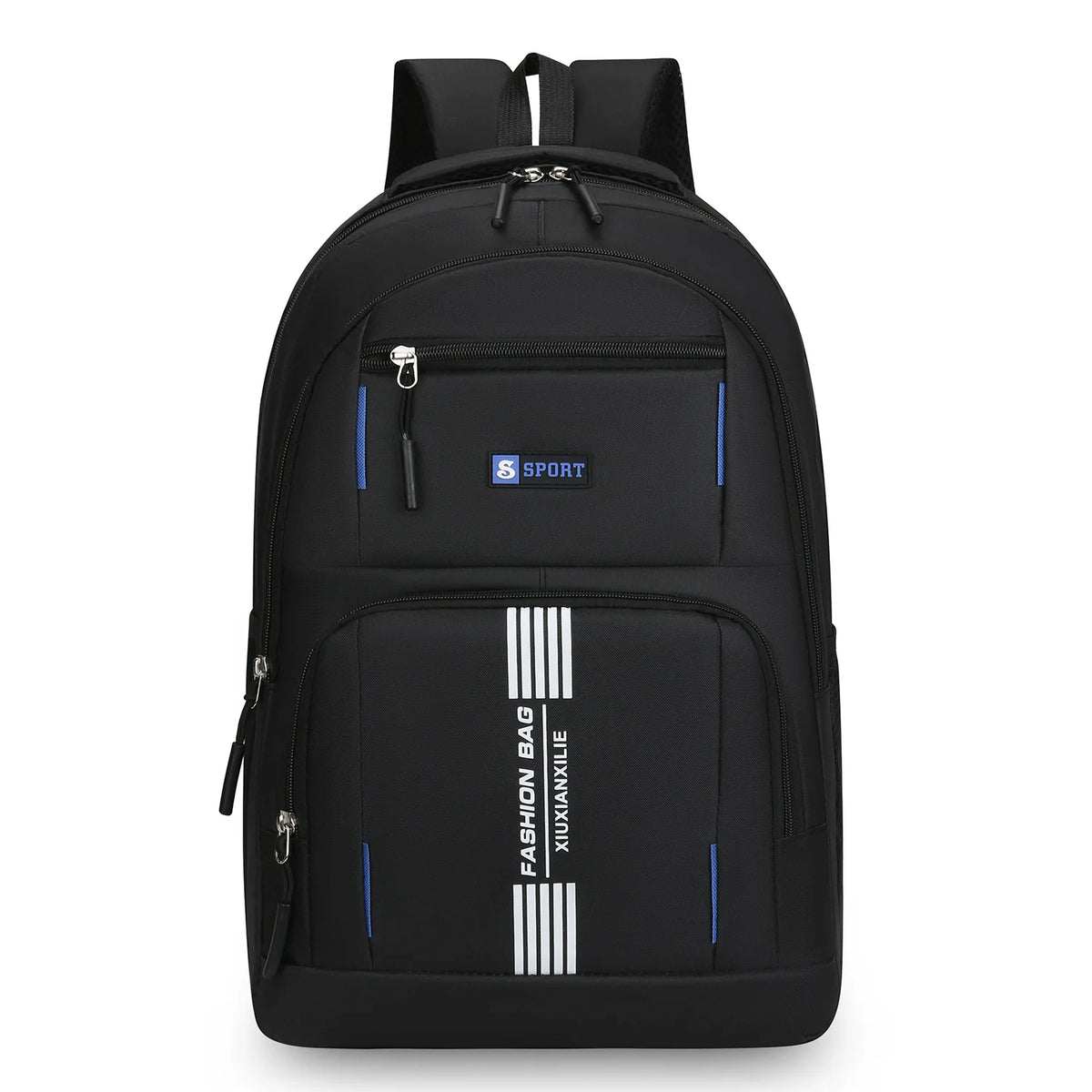 Black men's lightweight commuter backpack with blue accents and a Sport logo