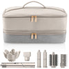 A beige double-layer storage case for a hair dryer, shown with various accessories and the main device.