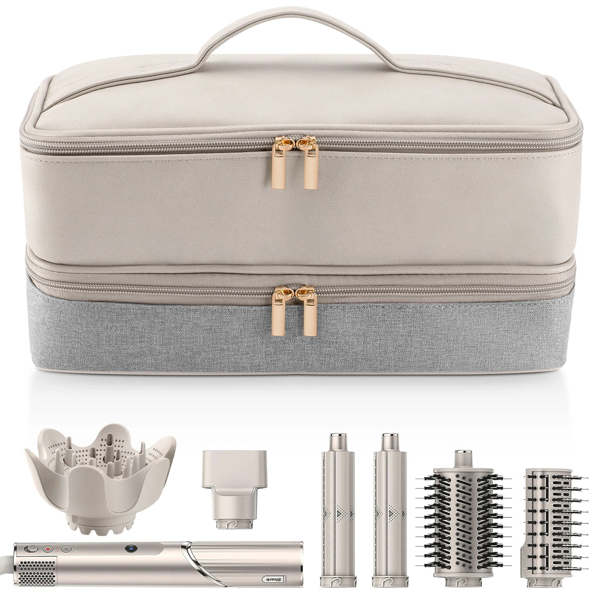 A beige double-layer storage case for a hair dryer, shown with various accessories and the main device.