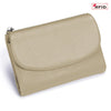 A beige genuine leather mini card holder wallet with a zipper closure.