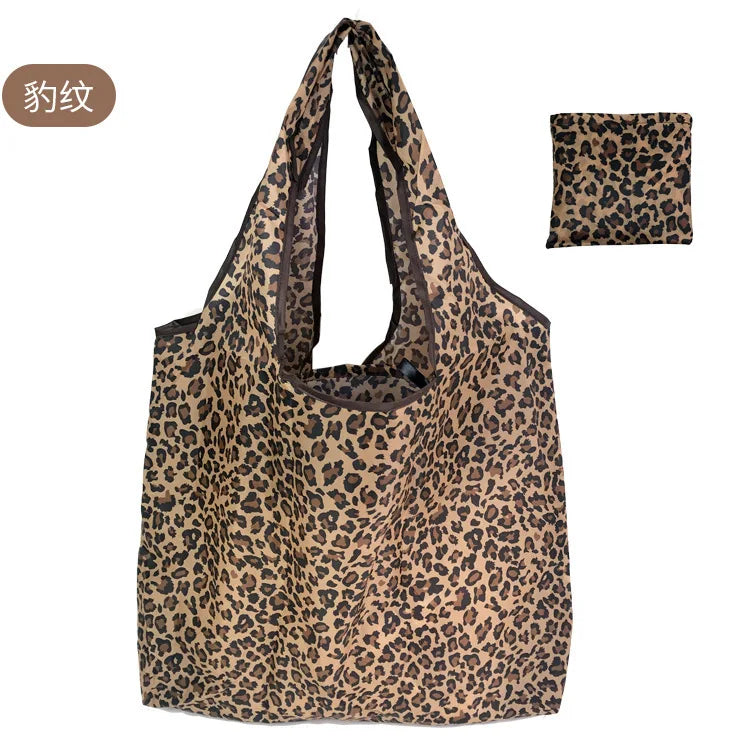 A reusable eco tote shopping bag with a leopard print design.