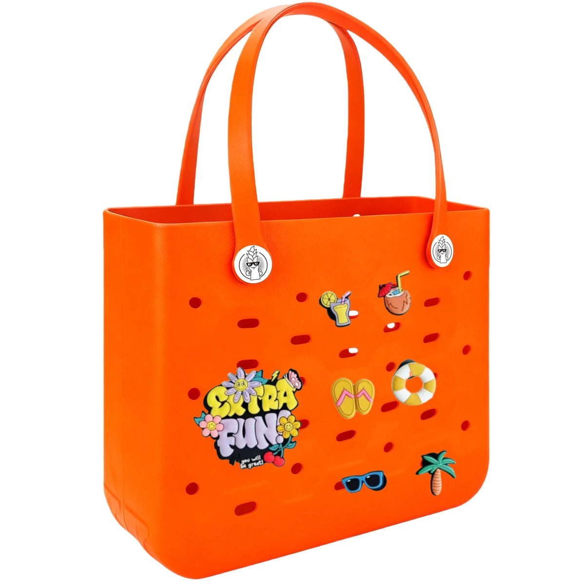 Sac de plage imperméable en caoutchouc EVA orange avec diverses décorations thématiques de plage colorées