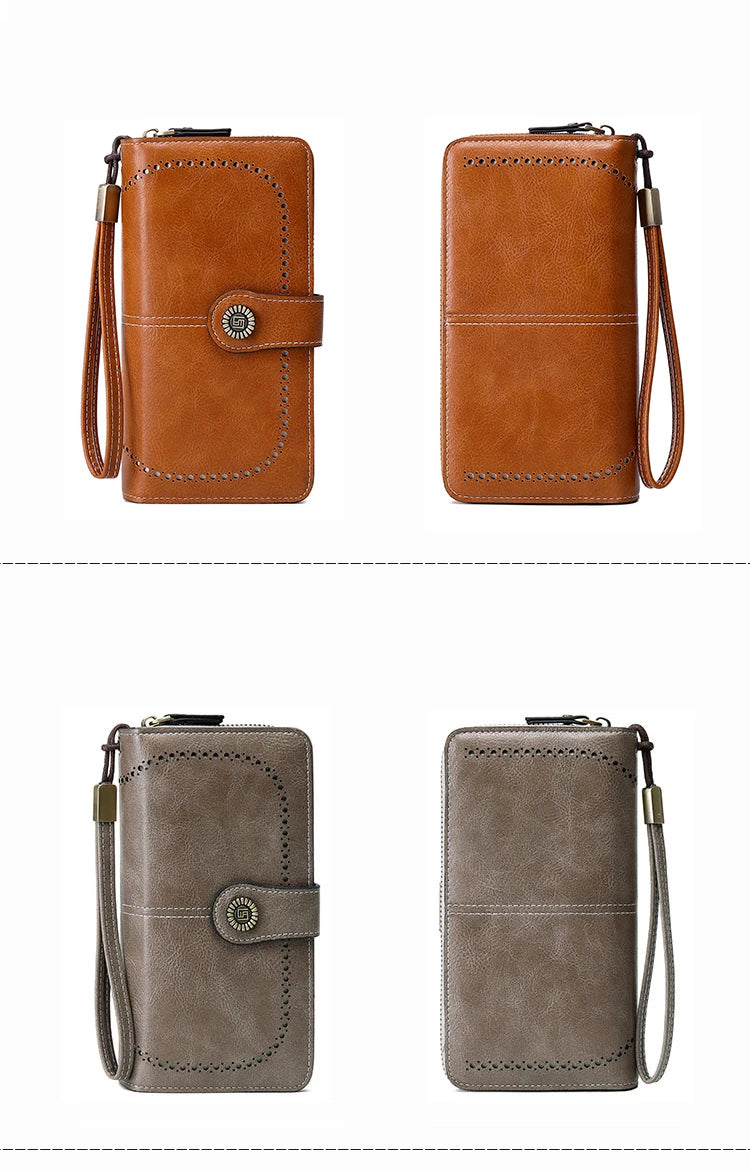 A pair of brown and gray leather wallets featuring RFID anti-theft protection and wrist straps.
