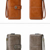 A pair of brown and gray leather wallets featuring RFID anti-theft protection and wrist straps.